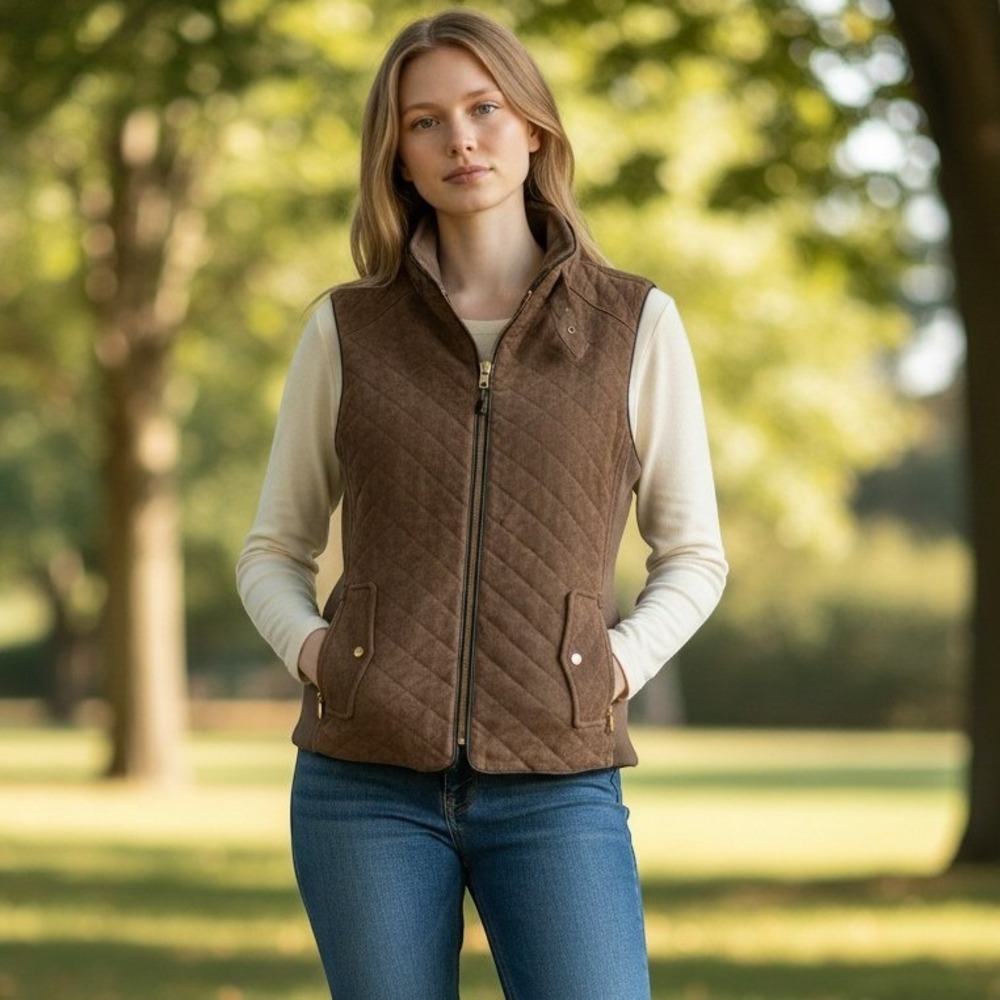 Fate Quilted Faux Suede Vest Womens Small Brown Moto Full Zip Ribbed Sides